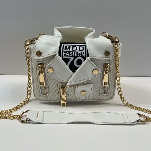 Leather & Canvas Jacket/ Biker Handbag Purse In Cream/White - Picture 7 of 8